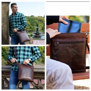 Jack Georges Voyager Crossbody Bag Conceal Pocket Brown Buffalo Leather Unisex